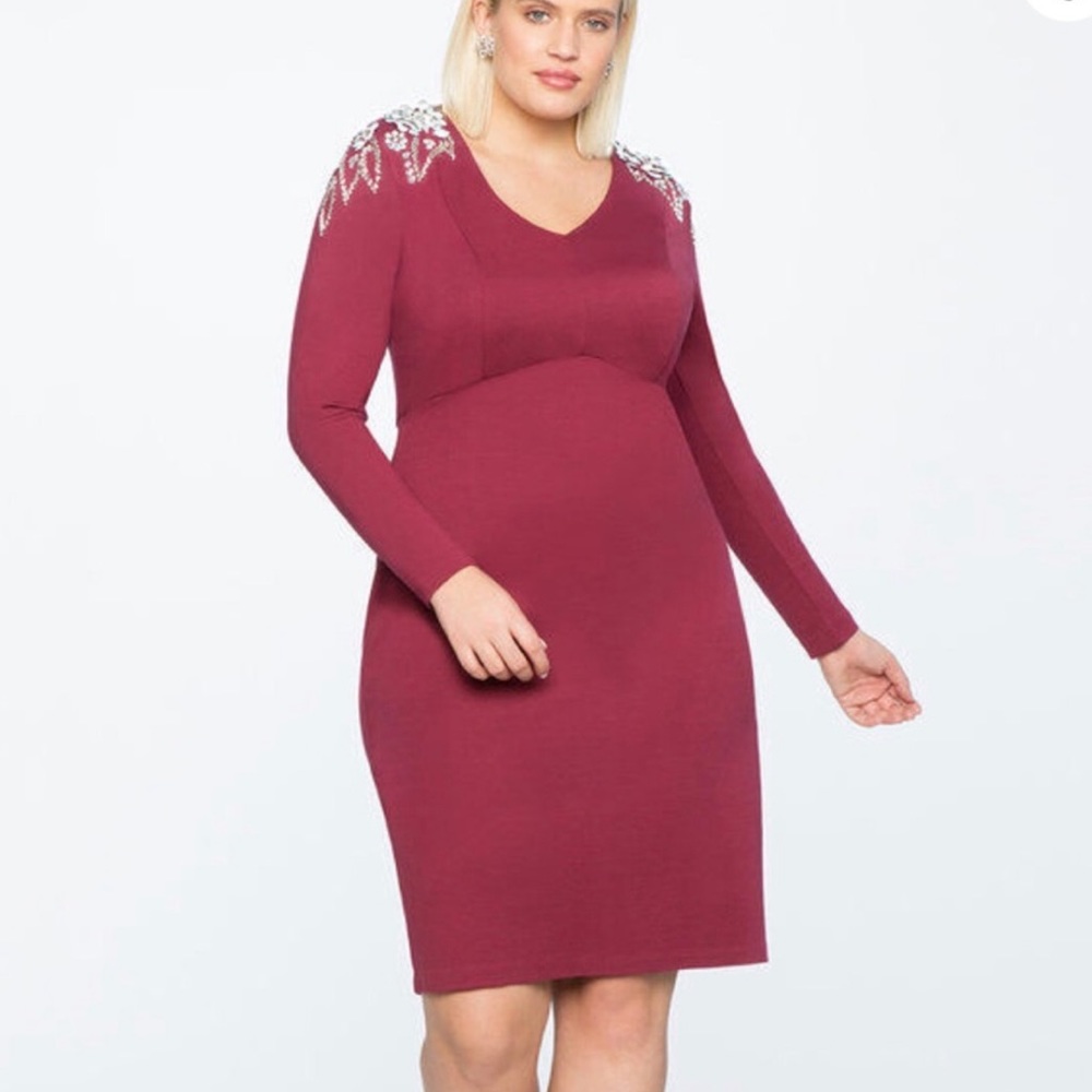Eloquii Knit Dress Long Sleeve Embellished Cocktail Dress Stretch Knit Size 18